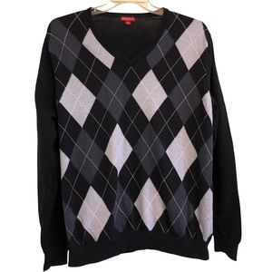 Merona Argyle Preppy V-Neck Sweater Navy & Grey Women's XL